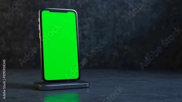 Fototapeta A smartphone with a green screen resting on a clean, smooth white surface with subtle lighting.
