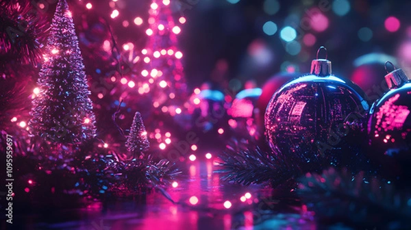 Obraz Vibrant and Colorful Christmas Scene Featuring Shimmering Ornaments, Twinkling Lights, and Glimmering Trees Creating a Festive Atmosphere for the Holiday Season