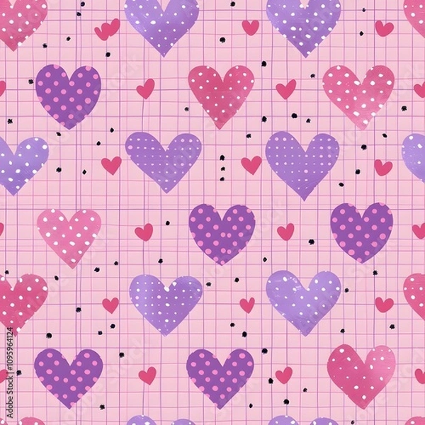 Fototapeta Playful hearts on a pastel grid background.