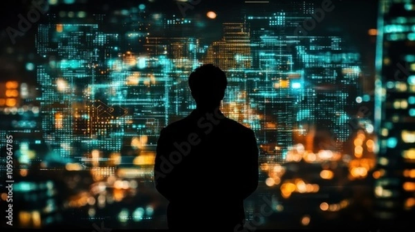 Obraz Silhouette of a person observing a futuristic cityscape with glowing digital lights and data visualization at night.