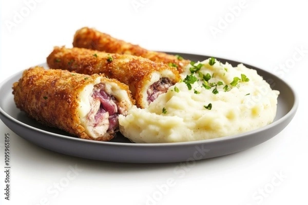 Fototapeta A delicious plate of crispy chicken rolls stuffed with savory meat, served with creamy mashed potatoes.