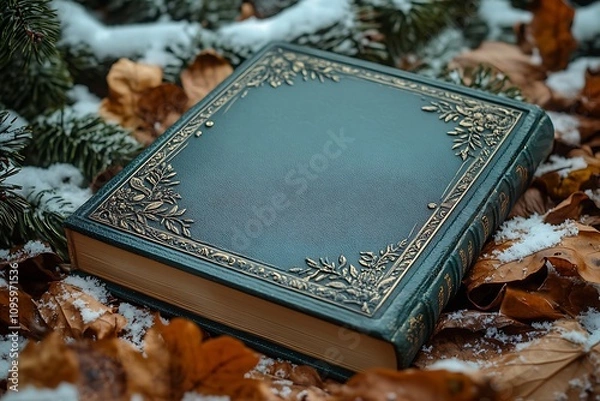 Fototapeta Antique green leather book lying on autumn leaves covered with snow