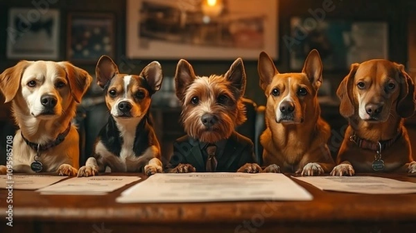 Fototapeta Dogs in suits meeting around a table fun concept indoor setting