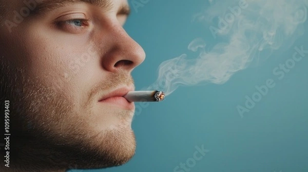 Fototapeta A young man exhales smoke while holding a cigarette, with a soft focus on his contemplative expression against a blue background.
