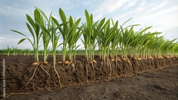 Fototapeta A row of green ginger roots sprouting from the soil surface, microgreens, new life, green food, nature photography