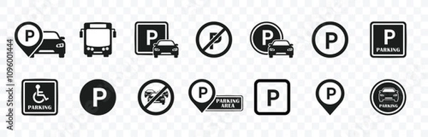 Fototapeta Parking signs with different shapes icon set, Car parking sign. Road signs, urban transportation, street, Parking traffic sign and parking map pin Outline icon style. vector illustration.