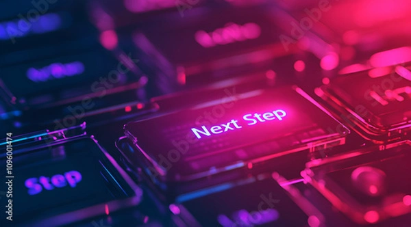 Fototapeta A close-up of a keyboard highlighting the "Next Step" key, illuminated in vibrant colors, reflecting themes of technology and digital progress.