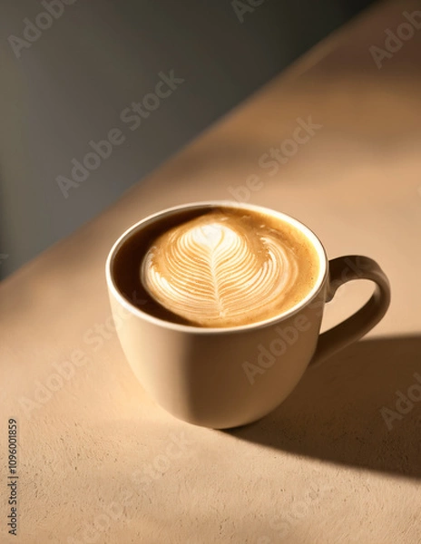Obraz closeup hot coffee latte with shadow on the  beige concrete table