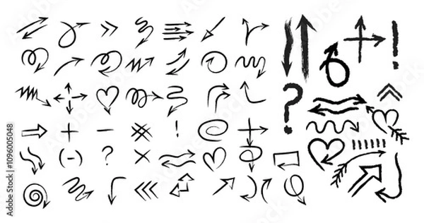 Fototapeta Hand drawn marker simple element set. Grunge doodle underlines, icons, signs, symbols, arrows and shapes. Isolated on white background.