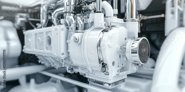Fototapeta Marine diesel engine designed for ships, showcasing a white motor. This internal combustion engine is ideal for speedboats and shipbuilding, featuring a diesel engine with chrome elements and a