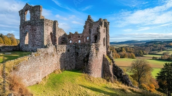 Fototapeta Ruins of a Historic Castle: A panoramic view of a crumbling castle perched atop a rolling hillside, its stone walls weathered by time and etched with the stories of centuries past.