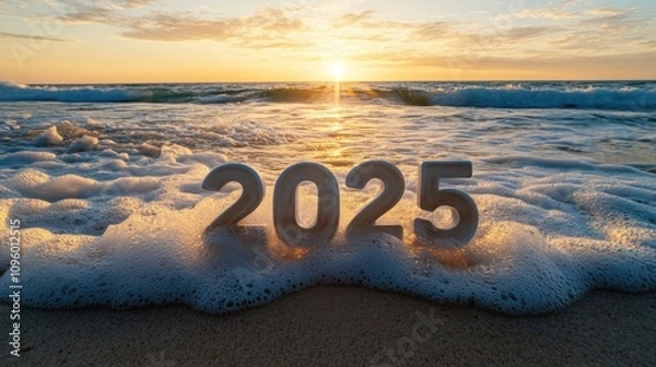 Fototapeta Large 2025 numbers placed on a beach, waves gently crashing nearby, evoking hope for the new year