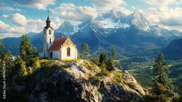 Fototapeta  Panorama of Johannesberg Chapel and Traunstein Mountain with Scenic View