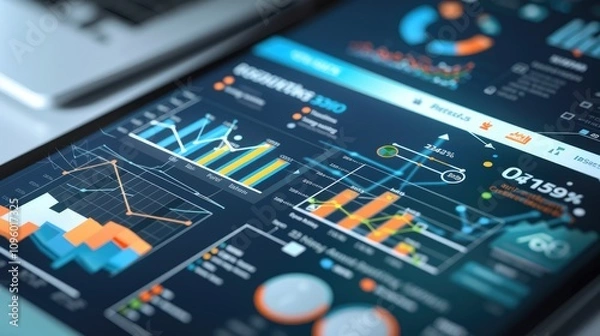 Fototapeta A detailed business presentation slide with graphs showing the benefits of a recent merger 32k