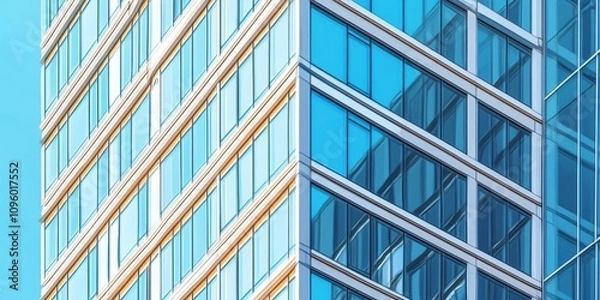 Obraz A detailed view of a corner section of a skyscraper building, showcasing the architectural design and structure of the skyscraper building, capturing its modern features and aesthetic appeal.