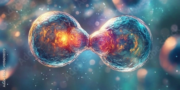 Fototapeta Photo depicting two living dividing cells in anaphase, showcasing the dynamic process of cell division and the significance of anaphase in cellular biology. Anaphase captures essential biological