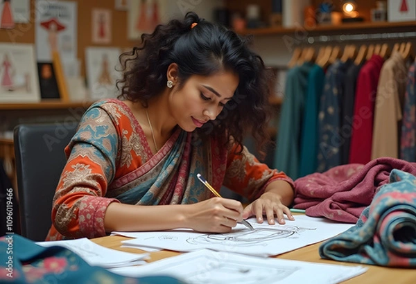 Fototapeta An Indian female fashion designer drawing sketches for a clothing collection. She is surrounded by colorful fabrics featuring traditional patterns, reflecting the rich heritage of Indian textile art