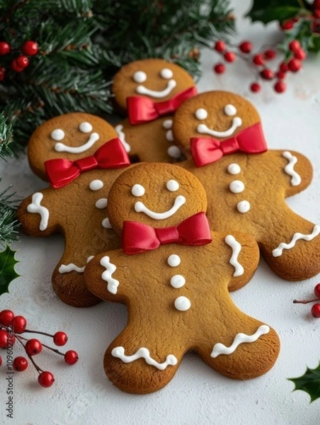 Obraz Gingerbread men cookies decorated with white icing and red bows. AI.