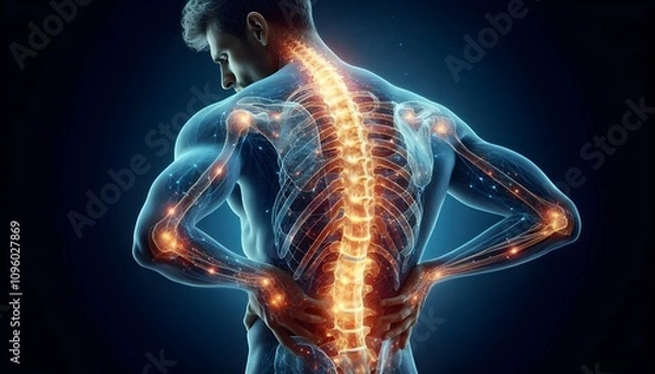 Fototapeta Spinal health visualization. Man experiencing back pain with glowing depiction of spine, emphasizing complex structure and vulnerability of spinal region to injuries and strain.