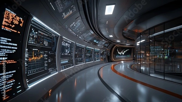 Fototapeta Futuristic control room with digital displays