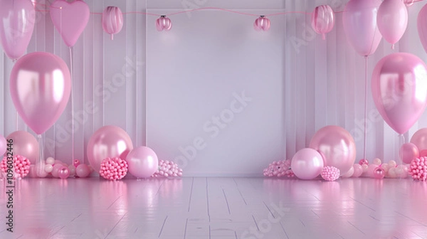 Fototapeta 3d rendering of colorful pink silver grey glossy background wall with birthday party decoration, empty wall mock up, birthday invitation, greeting card	
