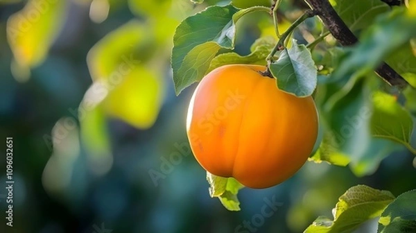Obraz A ripe orange persimmon hanging from a branch amidst green leaves.