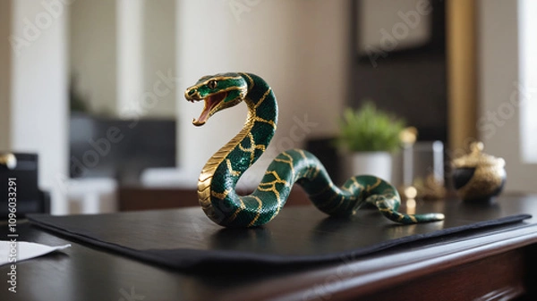 Fototapeta An abstract green snake elegantly coiled on a wooden office desk, captured with stunning depth of field. The festive New Year's illustration celebrates the Year of the Snake