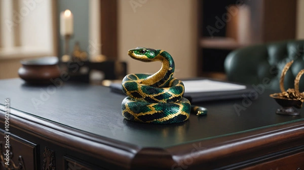 Fototapeta An abstract green snake elegantly coiled on a wooden office desk, captured with stunning depth of field. The festive New Year's illustration celebrates the Year of the Snake