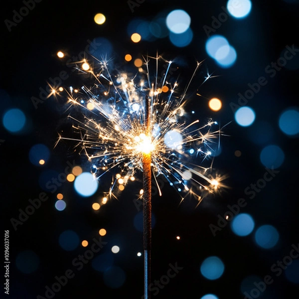 Fototapeta A grand celebration of light with glowing blue and silver bokeh on a black background, dazzling and enchanting, Generative AI