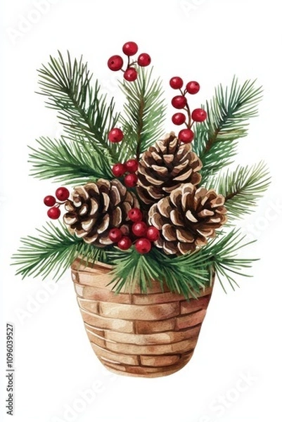 Obraz A beautiful arrangement of pinecones and red berries, nestled among vibrant green pine branches in a wicker basket, perfect for festive decor.