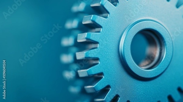 Fototapeta Blue Metal Gears: Close-up of two interlocking blue metal gears against a teal background, symbolizing precision, engineering, and the seamless workings of a complex system.