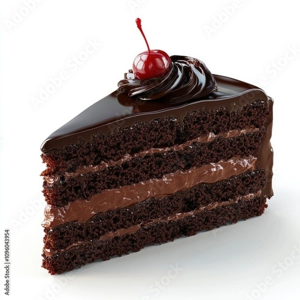 Fototapeta A slice of chocolate cake topped with a cherry and chocolate swirl.