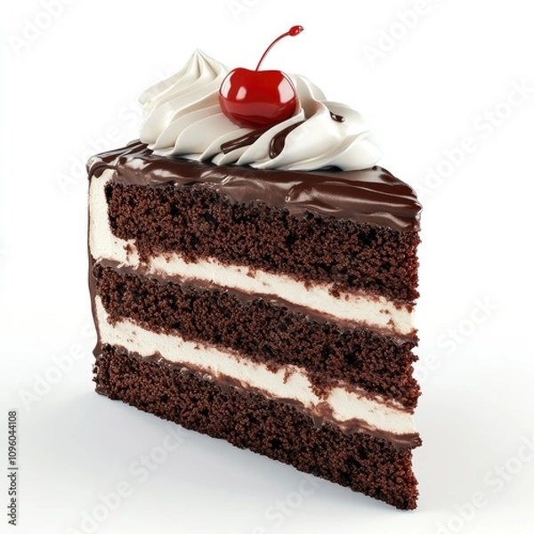 Fototapeta A slice of chocolate cake topped with whipped cream and a cherry.