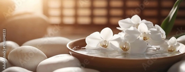 Obraz Close-up of a serene spa setting with white orchid petals floating in a bowl of warm water, surrounded by smooth stones and a soft-focus background of a traditional wooden screen