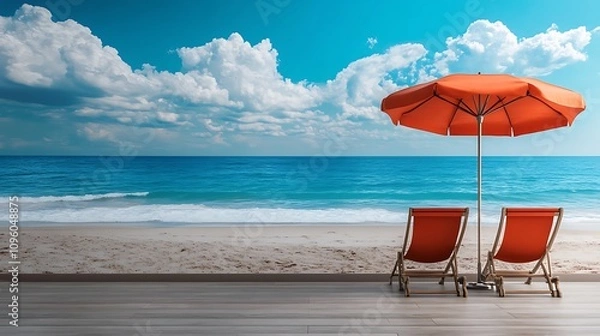 Fototapeta Beautiful beach chairs under an umbrella with beautiful sky