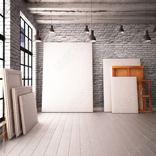 Fototapeta interior with a window in the loft-style with posters and paintings. 3d