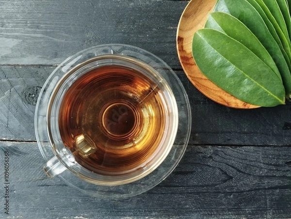 Fototapeta Soursop leaf boiled water in glass on wooden table. Has many health benefits 