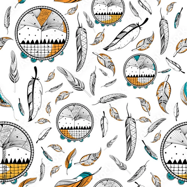 Fototapeta Dream Catcher in Tribal boho style seamless pattern