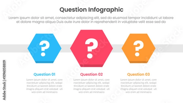 Fototapeta question infographic template banner with hexagonal shape on horizontal direction 3 points for slide presentation