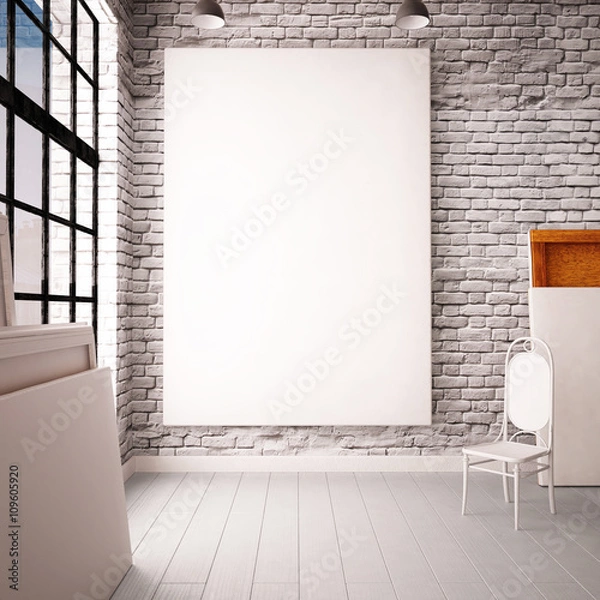 Fototapeta interior with a window in the loft-style with posters and paintings. 3d