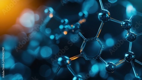 Fototapeta technology nanotechnology advancement Concept. A close-up of molecular structures illuminated in blue and orange, showcasing the intricate beauty of scientific compositions and connections.