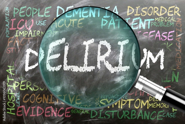 Fototapeta Delirium being studied, examined - under close inspection. Most important subjects and ideas closely related to delirium written on a blackboard inspected by a magnifying glass. ,3d illustration