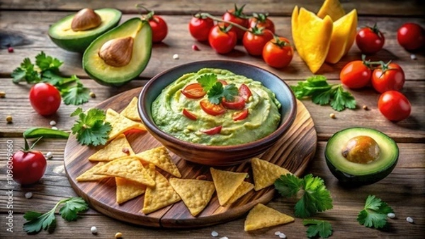 Obraz Delicious Guacamole Dip and Crispy Nachos - A Tasty Snack Delight for Parties and Gatherings with Fresh Ingredients, Avocado, Tortilla Chips, and Flavorful Seasonings