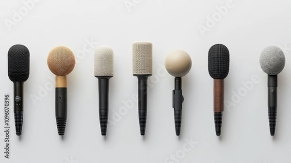 Fototapeta A row of various microphones on a white background
