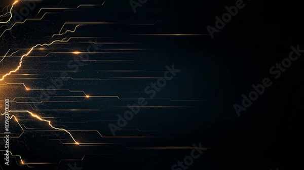 Obraz Golden Circuitry Abstract: Glowing golden lines on a dark background evoke a sense of technological innovation and futuristic energy.  Perfect for tech presentations, websites, and more. 