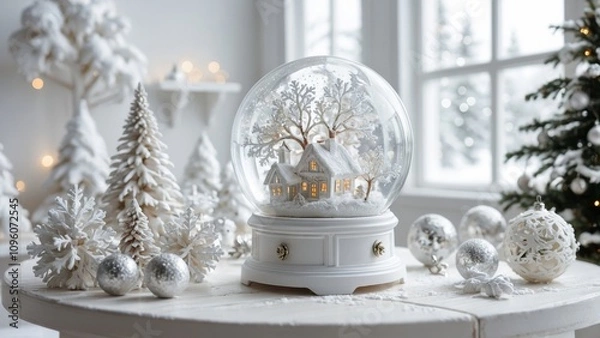 Obraz Christmas snow globe with a miniature winter scene, surrounded by silver ornaments and snowy decorations on a cozy table