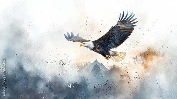 Fototapeta Majestic Eagle in Flight, a vibrant watercolor depicting a bald eagle soaring over a stunning mountain range, embodying freedom and strength