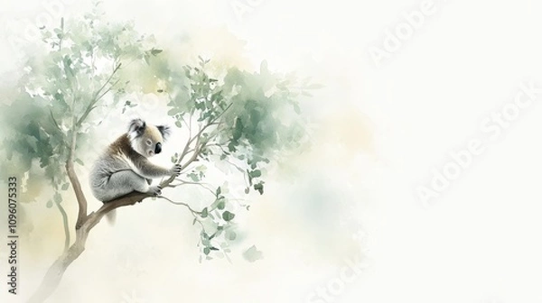 Fototapeta Serene Koala in Eucalyptus, a tranquil watercolor depicting a koala nestled among soft greens and grays, evoking a calming atmosphere.