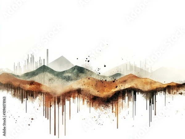 Fototapeta Economic Landscape, a watercolor depiction of rolling hills shaped by fluctuating stock market lines, symbolizing financial highs and lows
