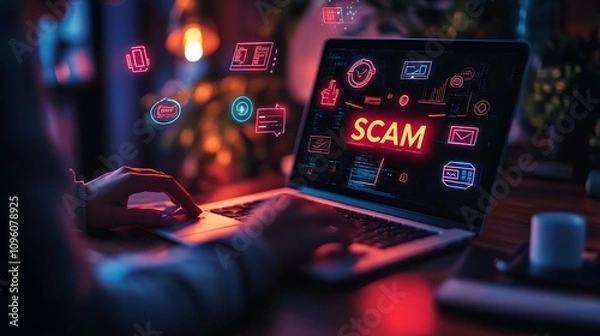 Fototapeta A business person using their laptop screen scam text